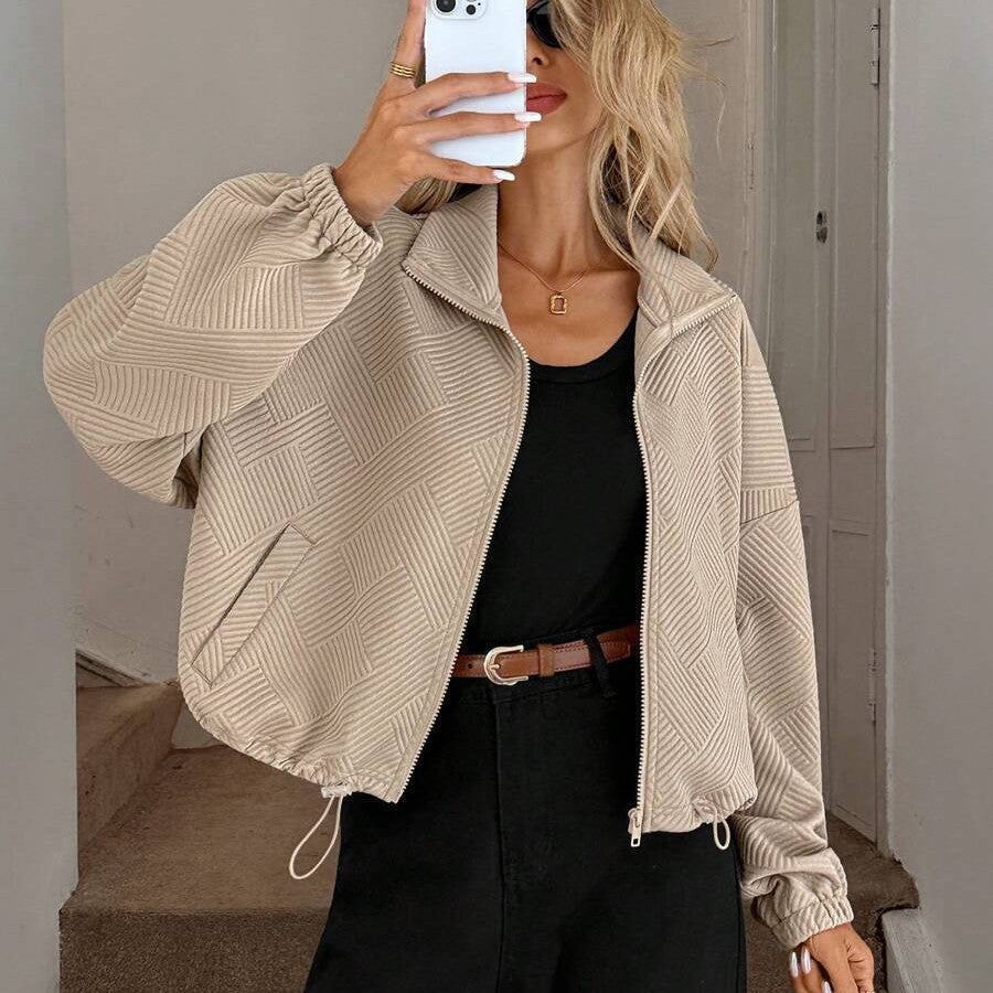 Stand Collar Zip-Up Jacket with Drawstring Hem