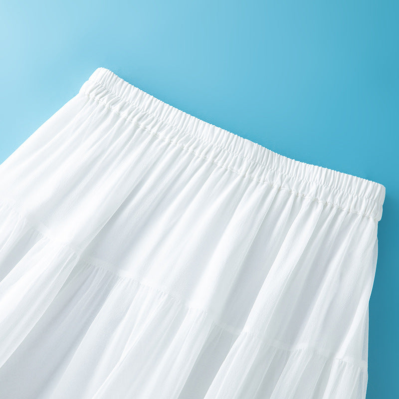 Silk & Lace Flared Skirt - White
