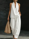 V-Neck Sleeveless Top & Straight-Leg Pants Set