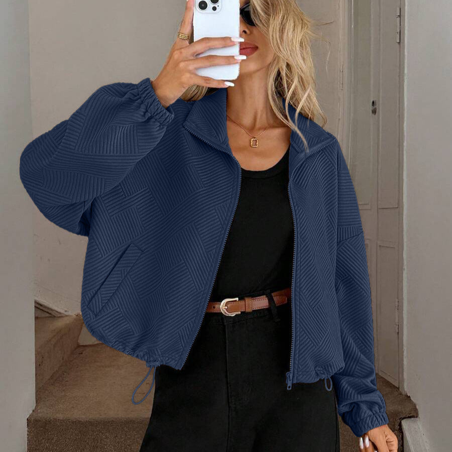 Stand Collar Zip-Up Jacket with Drawstring Hem