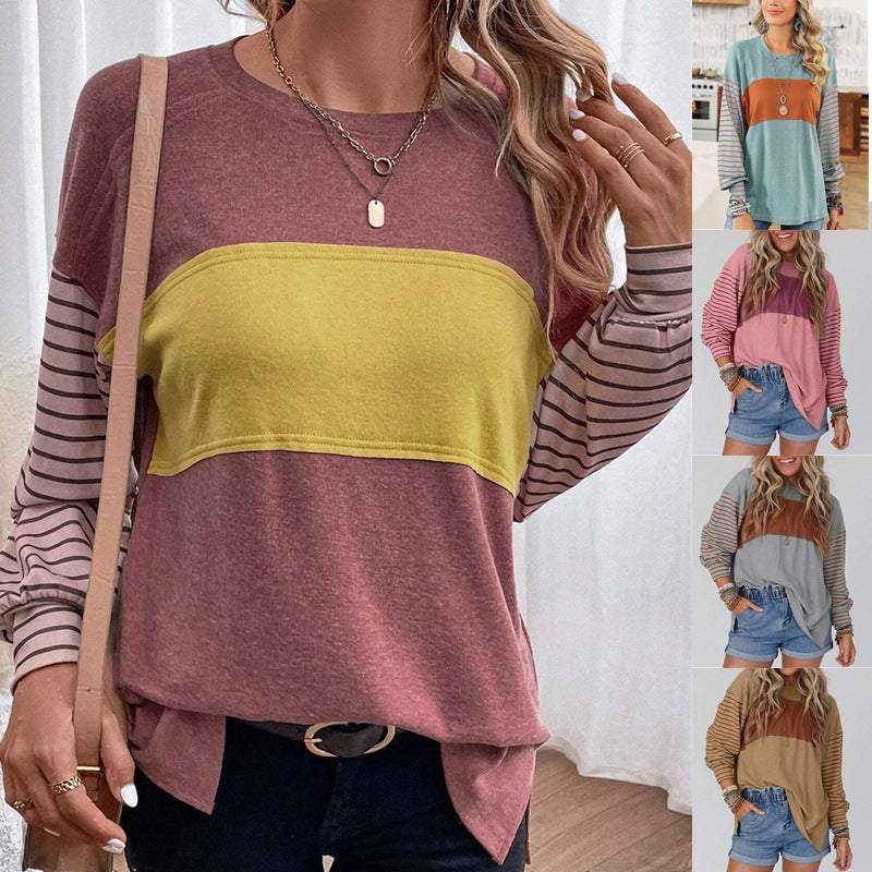 Round Neck Color-Block Striped Pullover