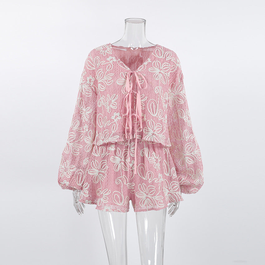 Lace-Up V-Neck Top & Shorts Set
