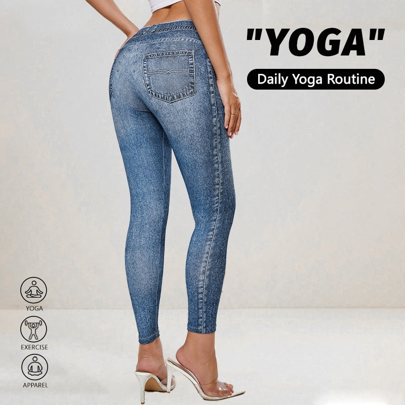 Denim-Print Butt-Lifting Yoga Leggings