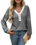 V-Neck Button Color-Block Long Sleeve Top
