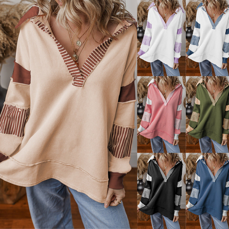 Deep V-Neck Striped Color-Block Sweatshirt