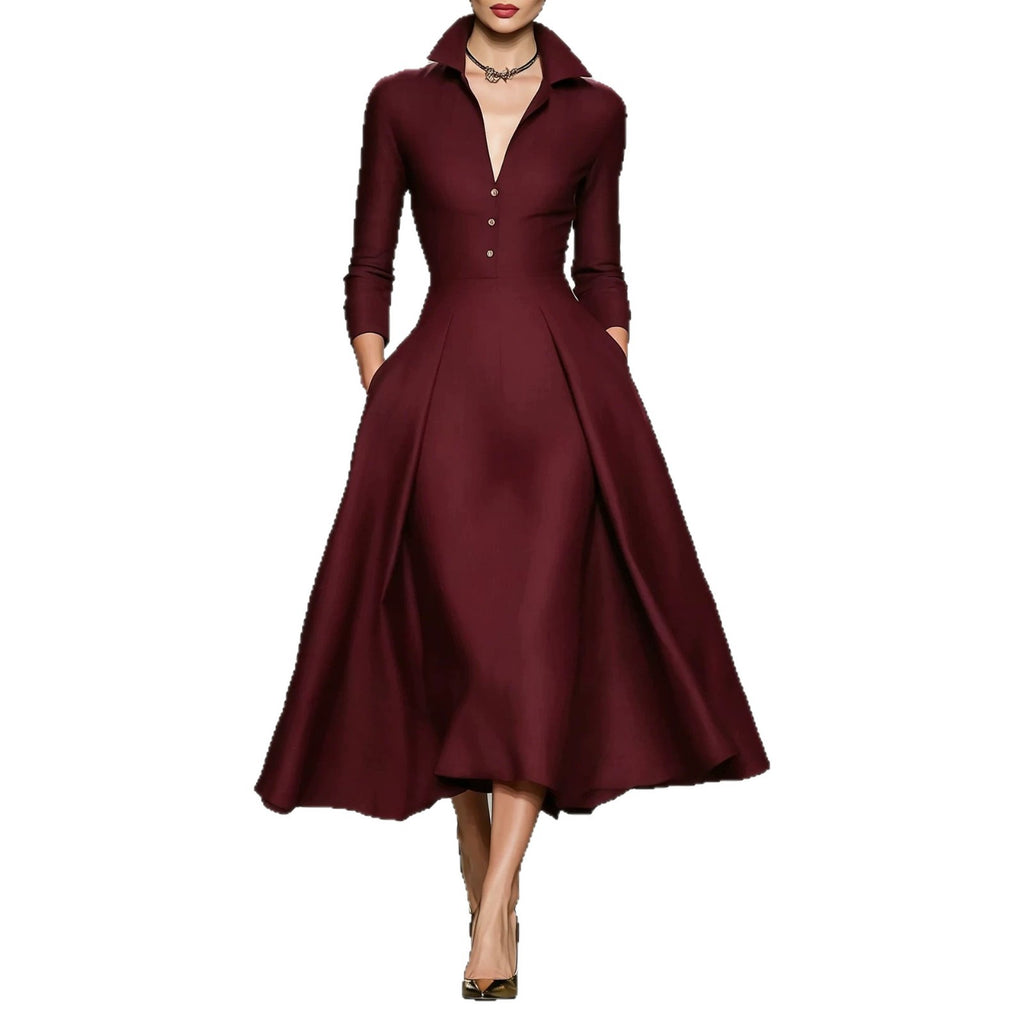 V-Neck Cinched-Waist Long Sleeve Dress