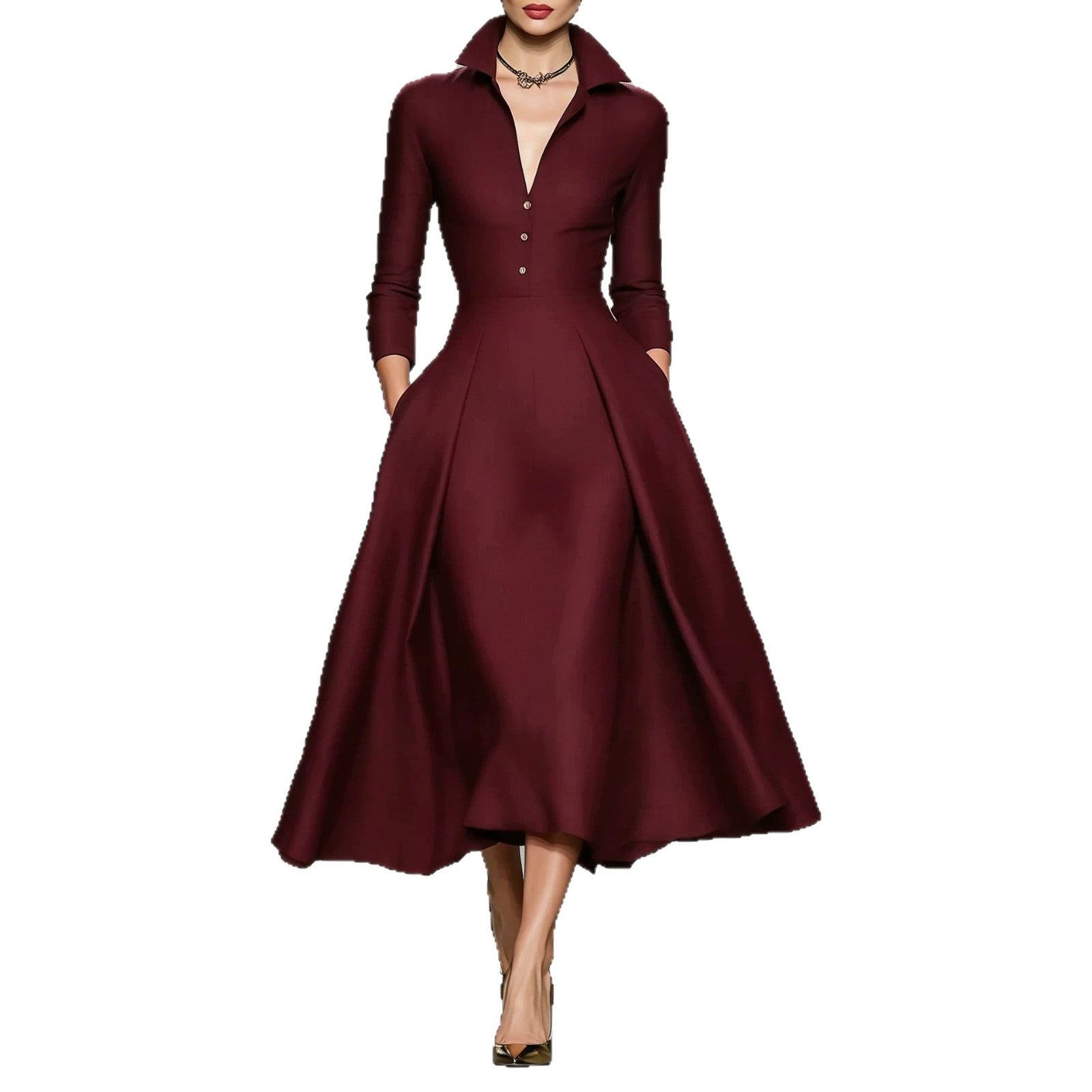 V-Neck Cinched-Waist Long Sleeve Dress