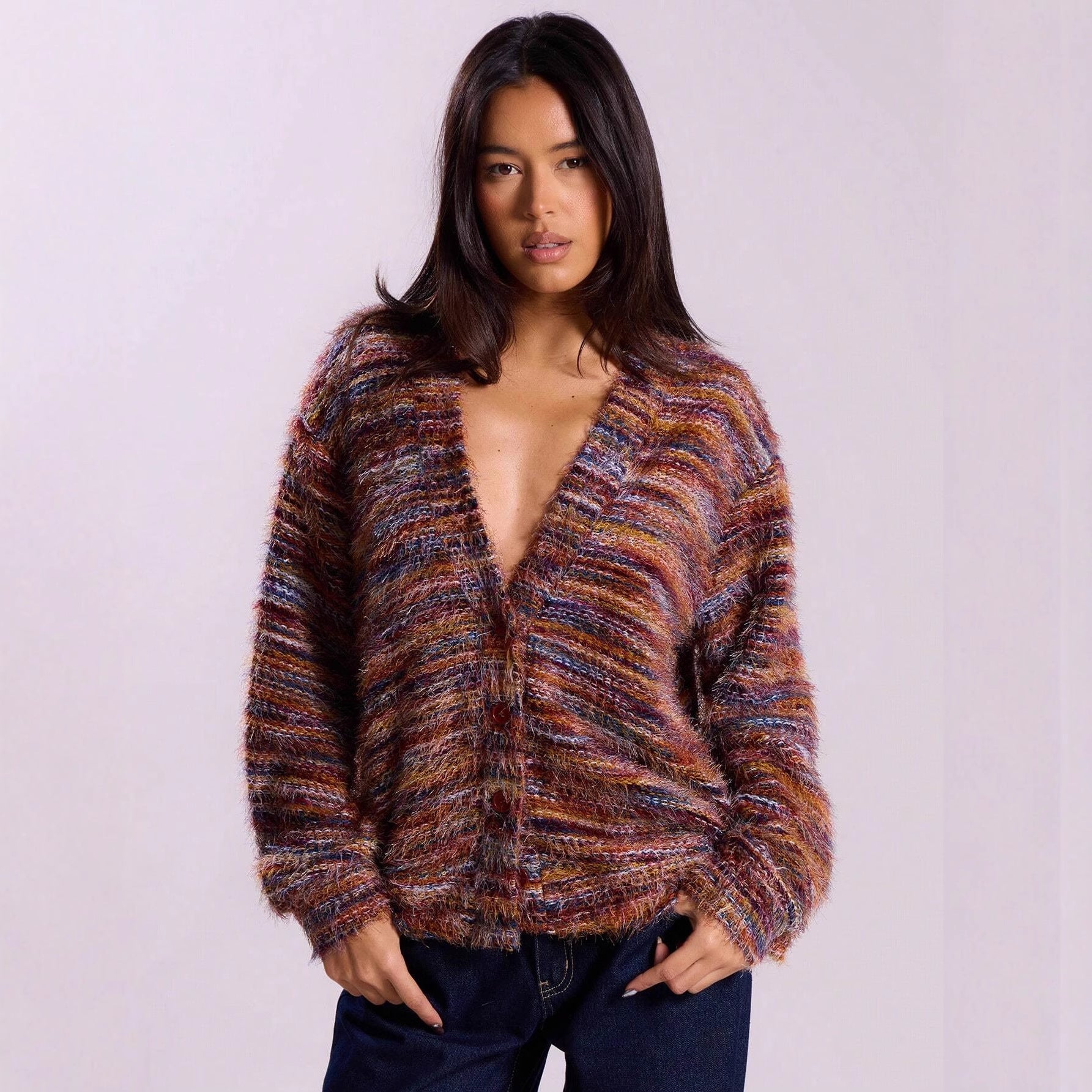 Deep V-Neck Melange Fleece Cardigan