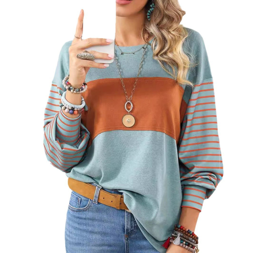 Round Neck Color-Block Striped Pullover