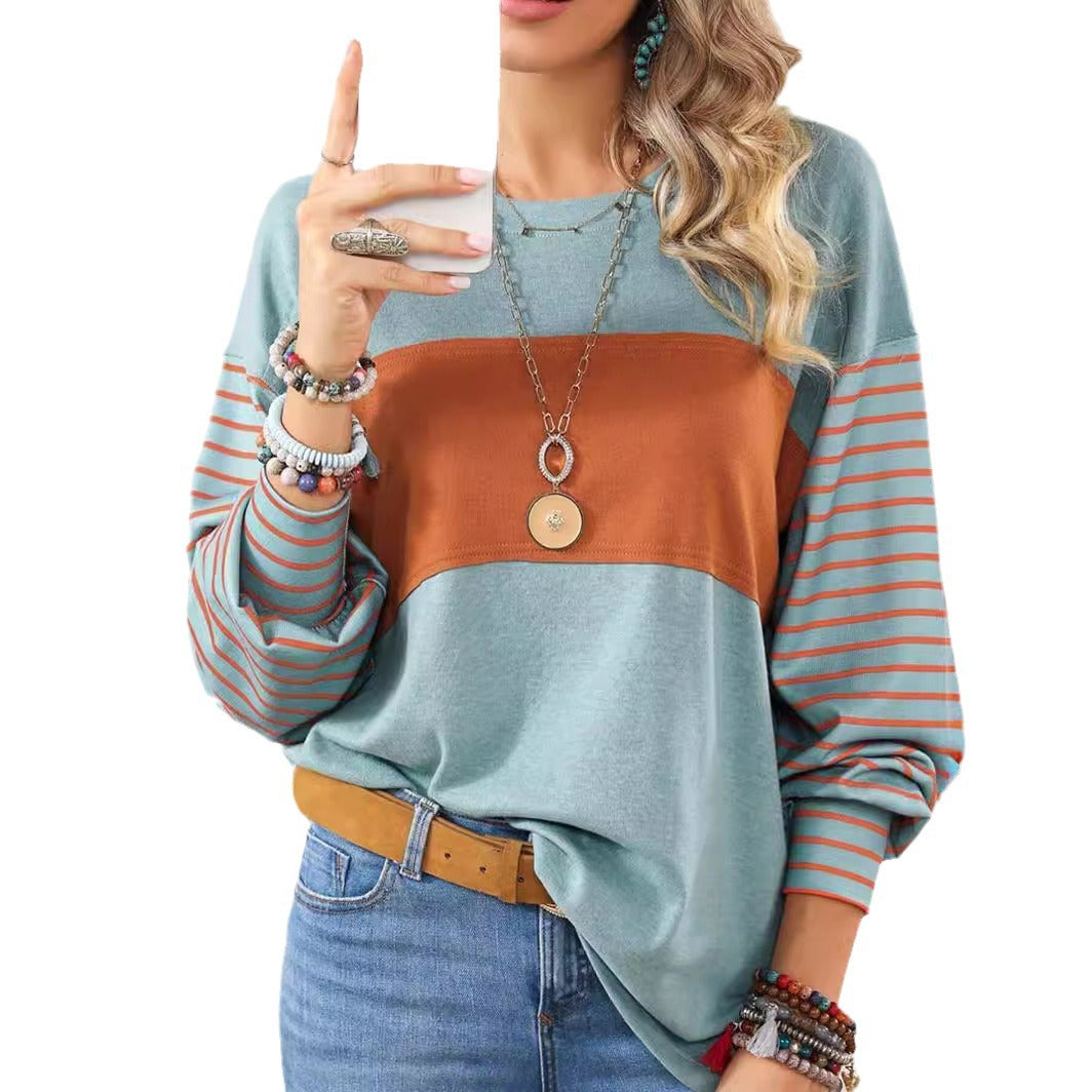 Round Neck Color-Block Striped Pullover