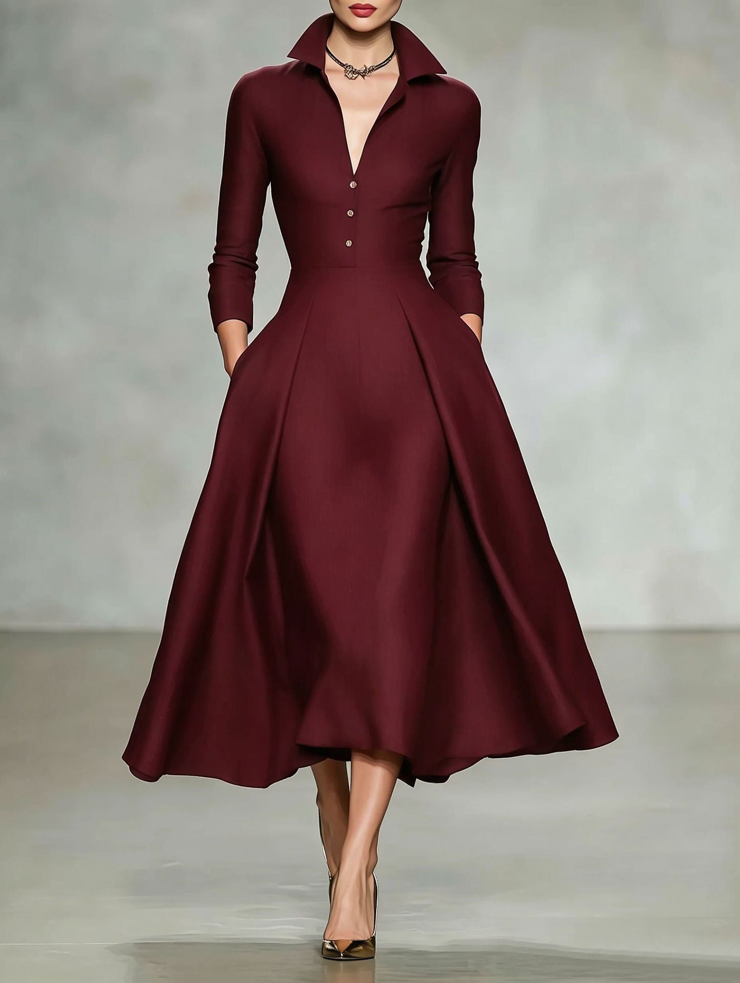 V-Neck Cinched-Waist Long Sleeve Dress