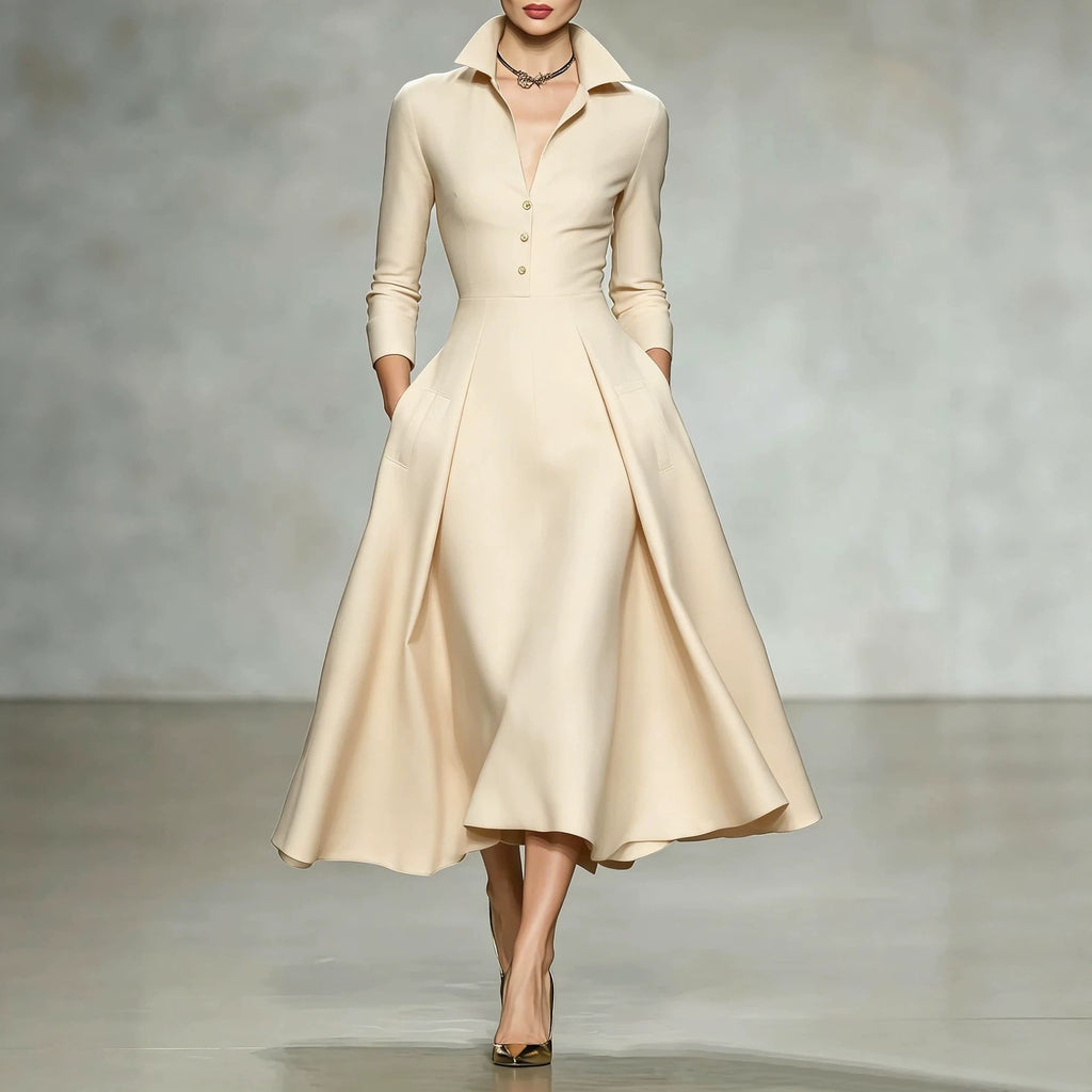 V-Neck Cinched-Waist Long Sleeve Dress