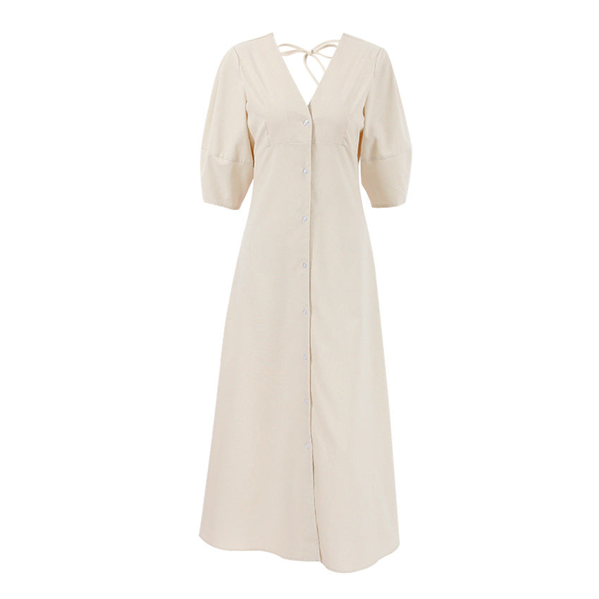 Bubble-Sleeve V-Neck Midi Dress