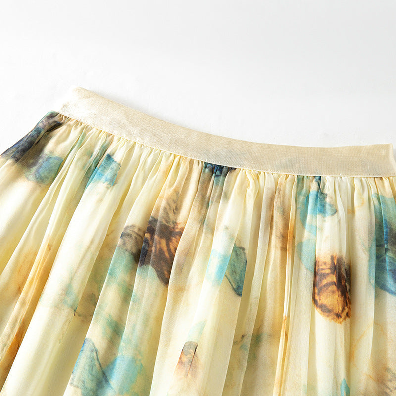 Pleated Peony Print Silk Maxi Skirt