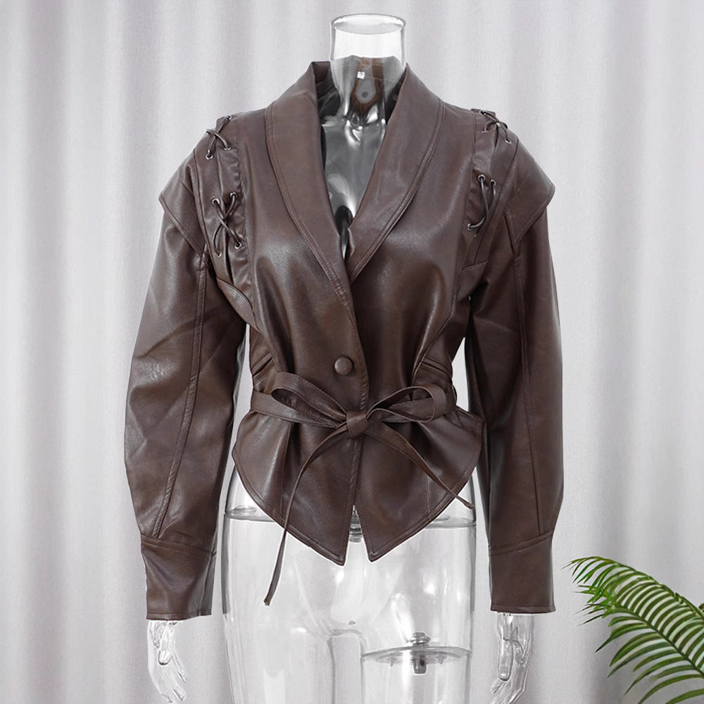Lace-Up Cropped Faux Leather Jacket