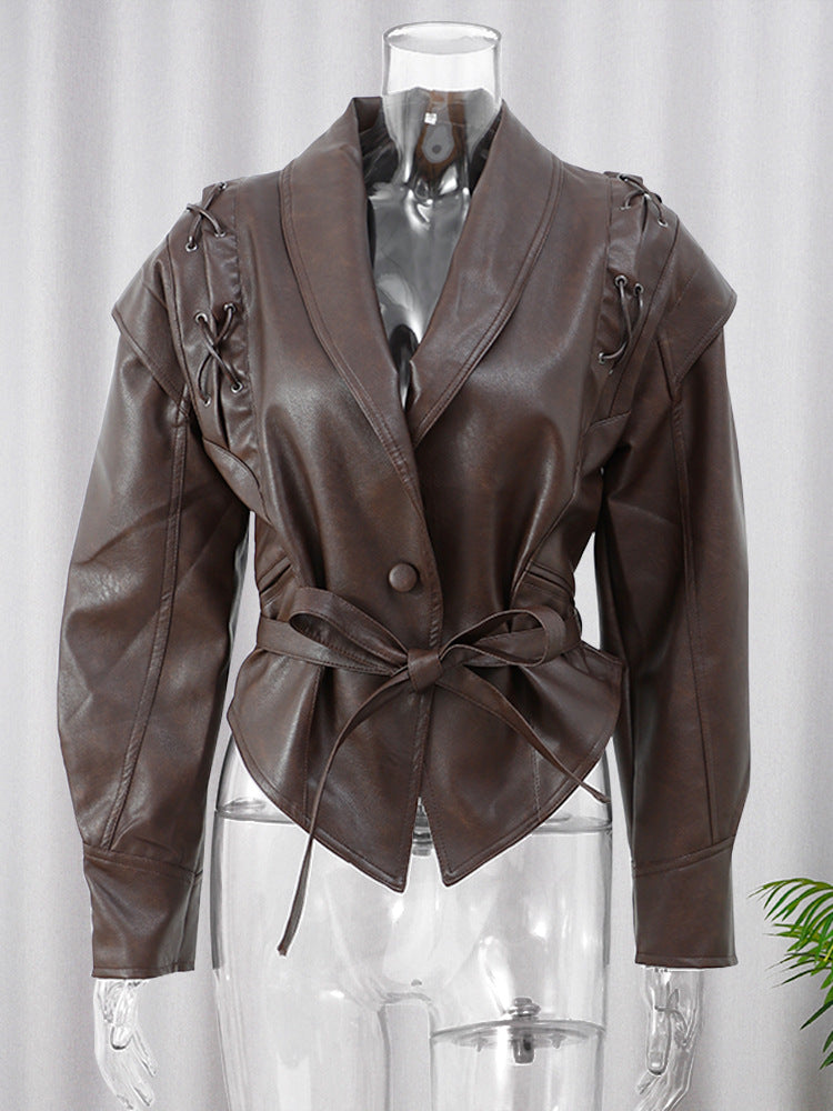 Lace-Up Cropped Faux Leather Jacket