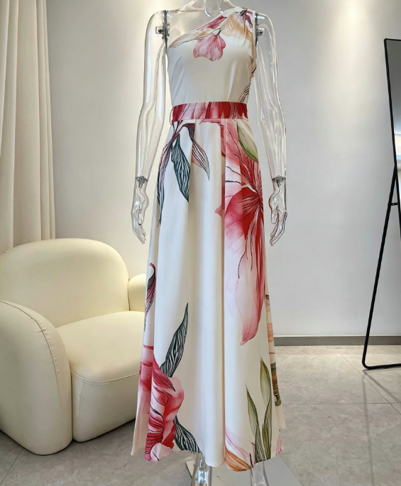 One-Shoulder Print Maxi Dress