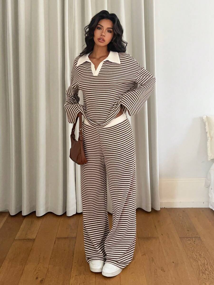 Long Sleeve Contrast Stripe Top & Wide Leg Pants Set