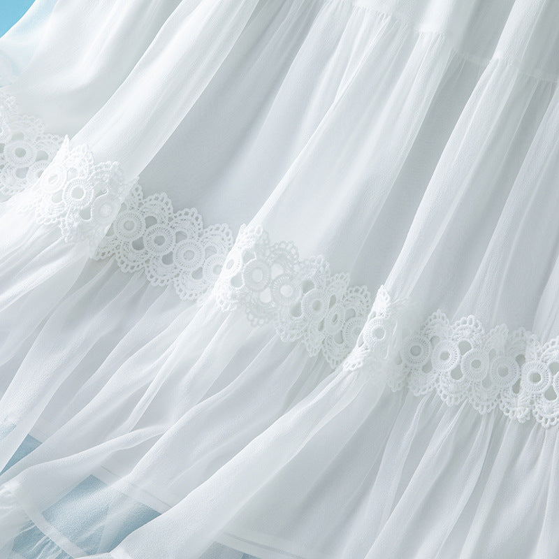 Silk & Lace Flared Skirt - White