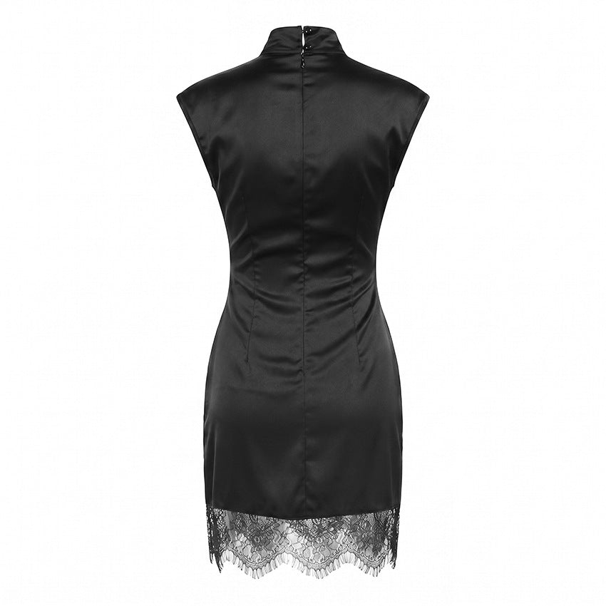 High-Neck Lace Patchwork Sleeveless Dress