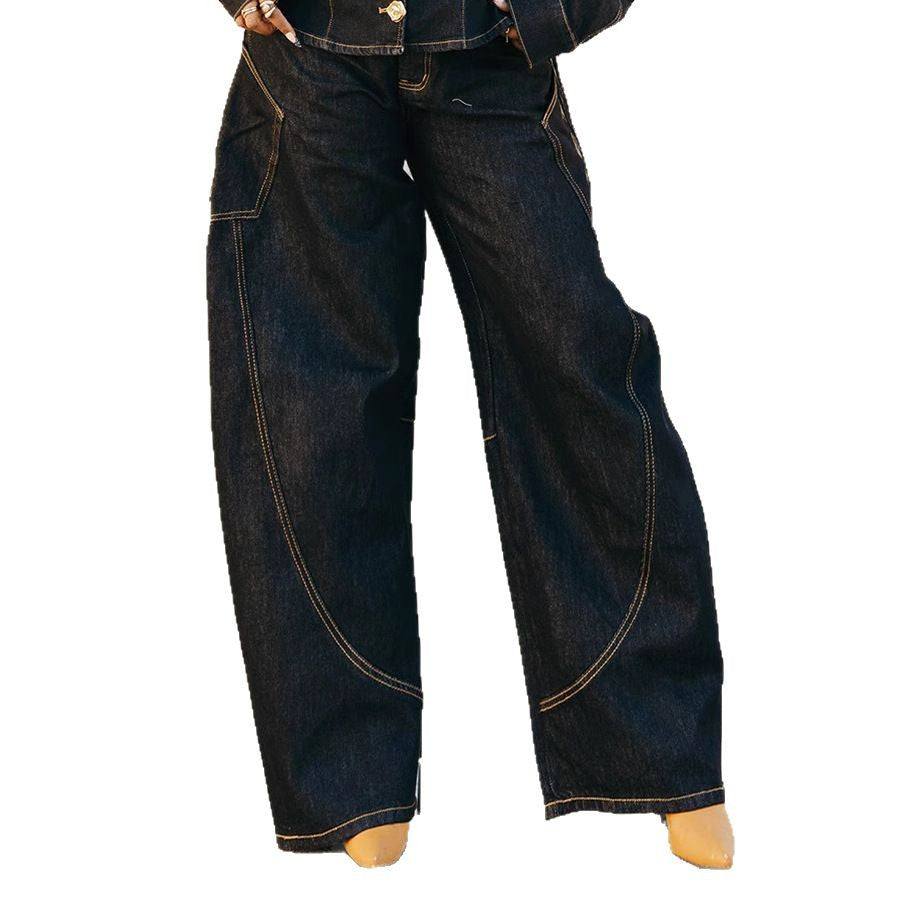 Curved Hem Stitched Denim Pants