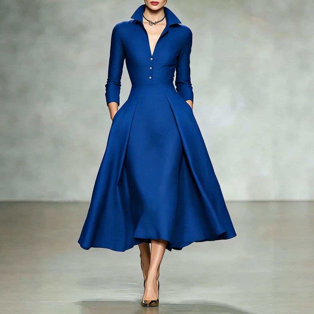 V-Neck Cinched-Waist Long Sleeve Dress