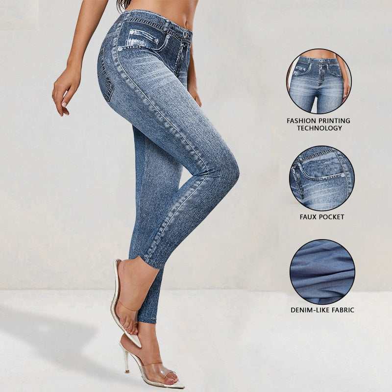 Denim-Print Butt-Lifting Yoga Leggings