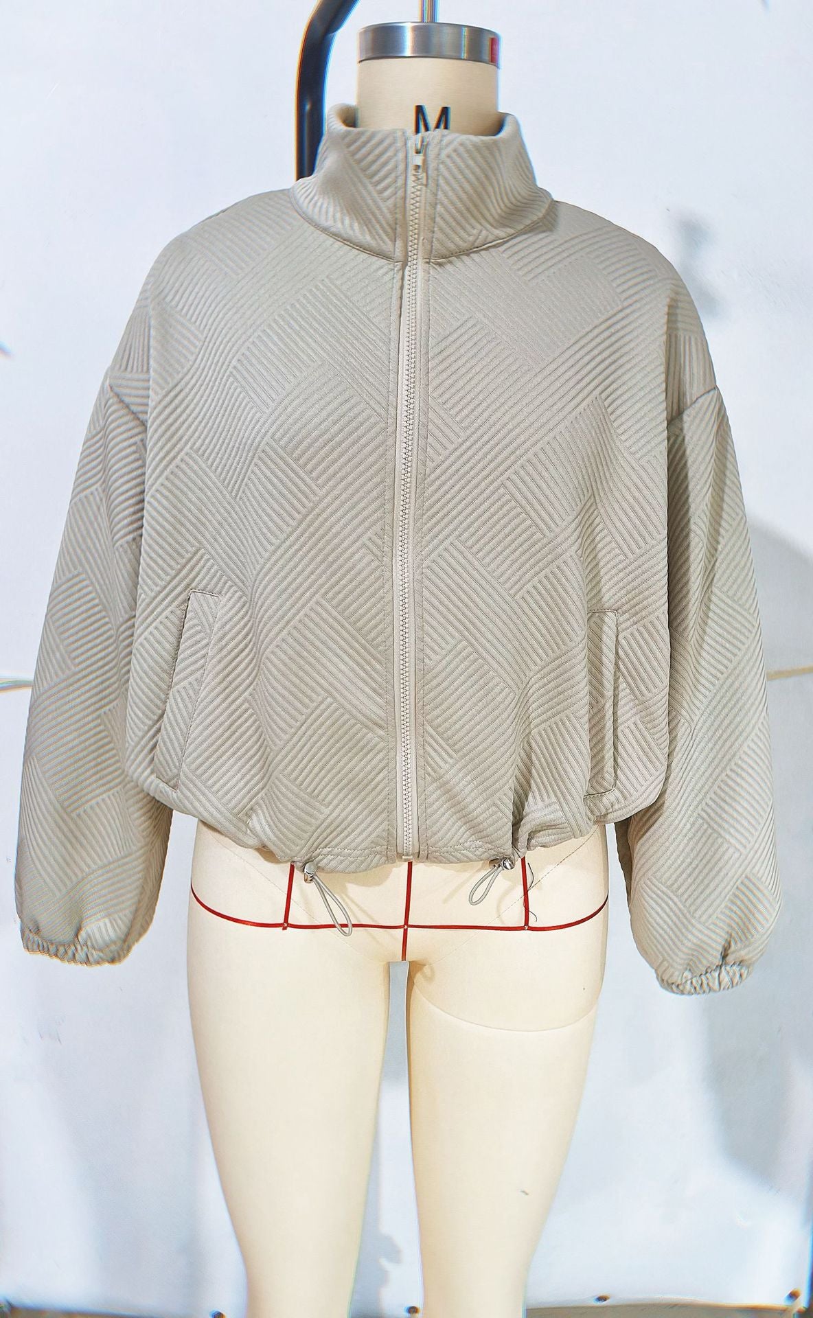 Stand Collar Zip-Up Jacket with Drawstring Hem