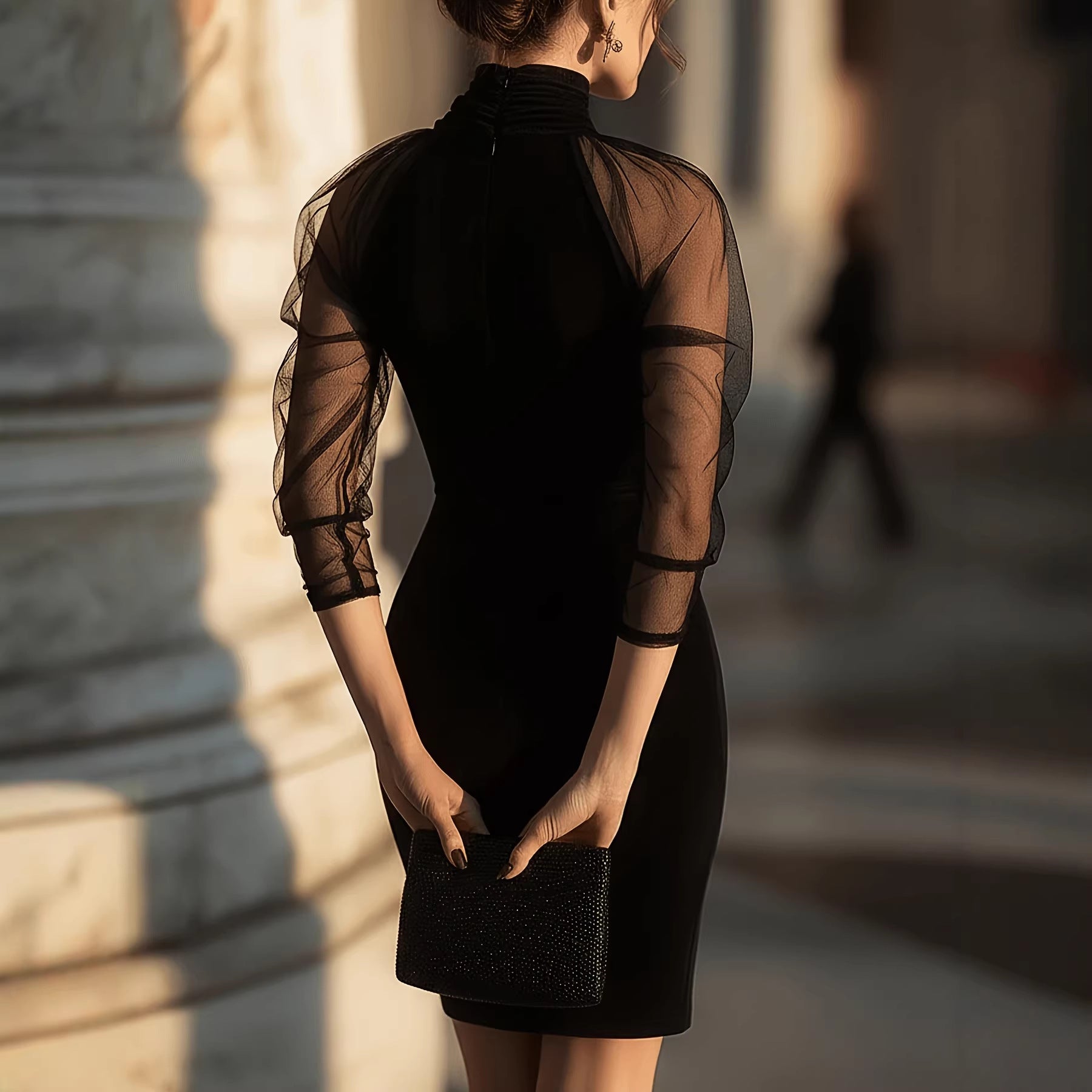 High-Neck Mesh Overlay Sheath Dress