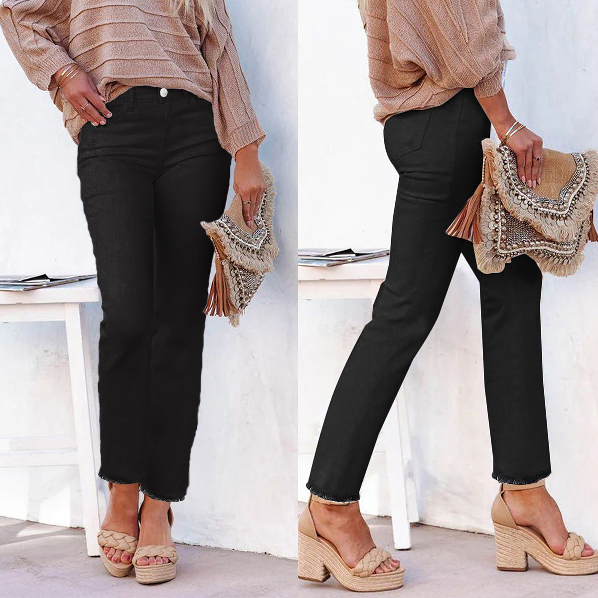 Straight Leg Raw-Hem Ankle Jeans - White