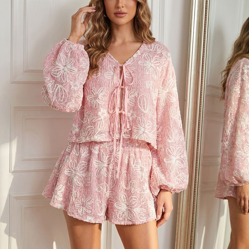 Lace-Up V-Neck Top & Shorts Set