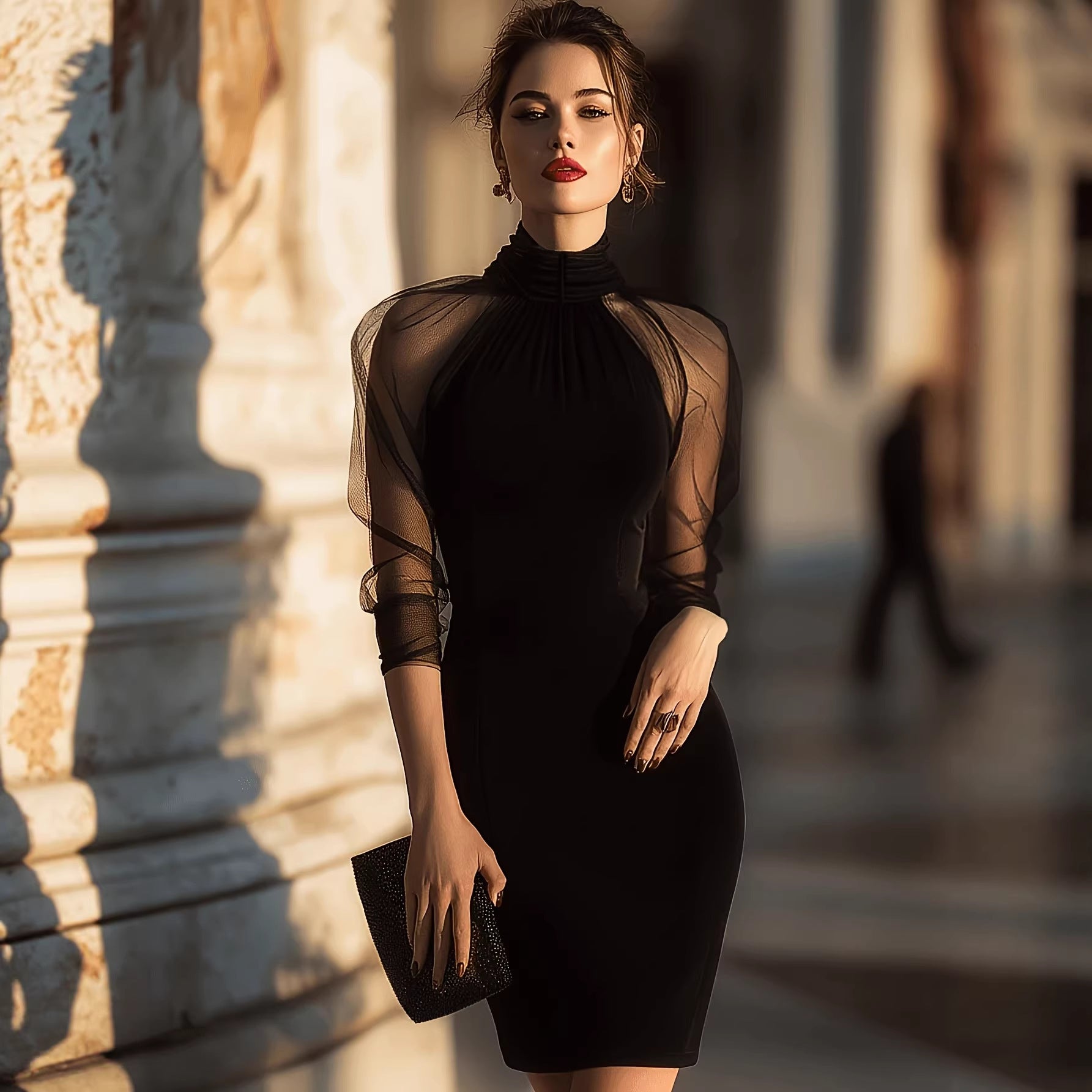 High-Neck Mesh Overlay Sheath Dress