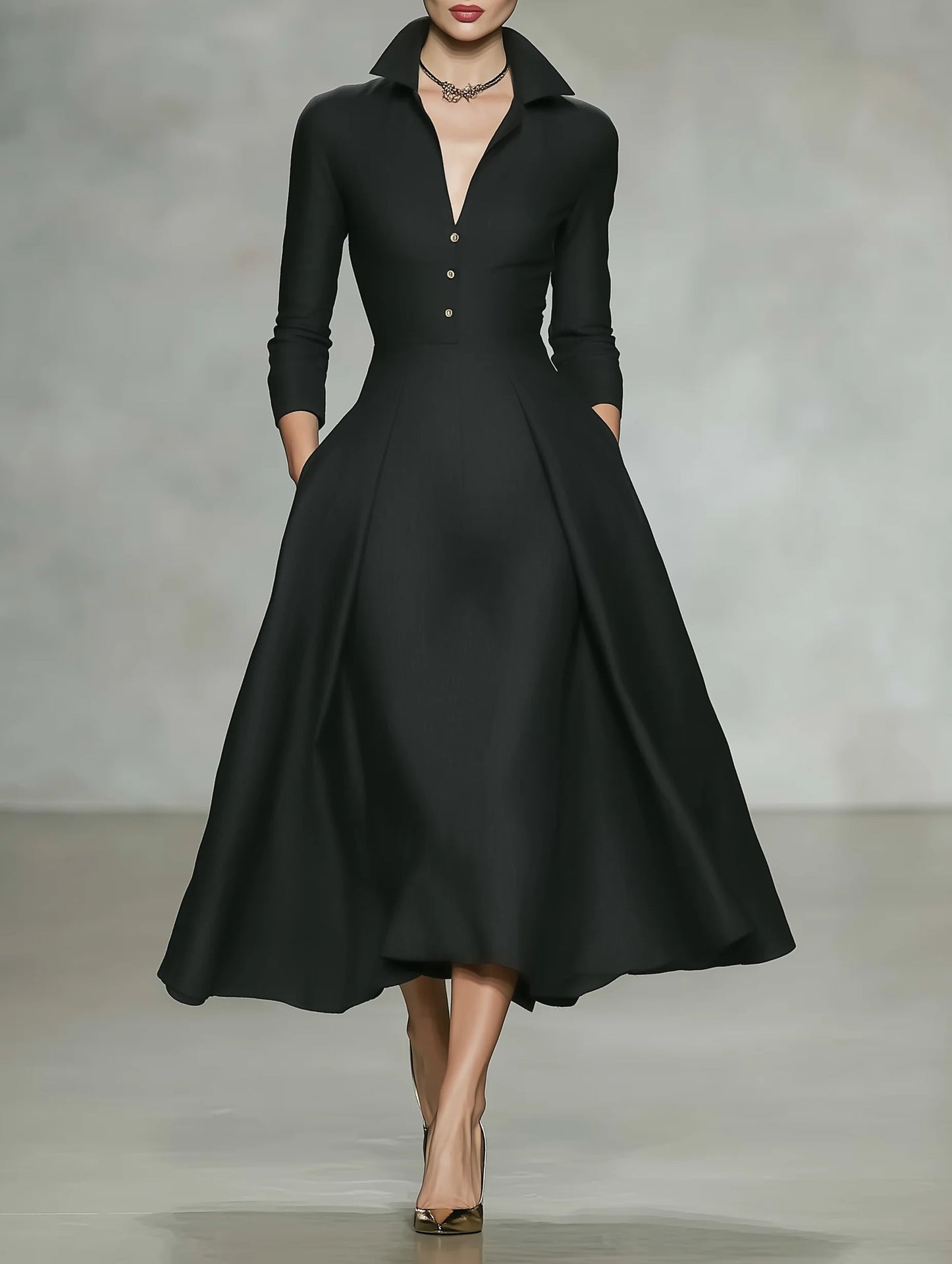 V-Neck Cinched-Waist Long Sleeve Dress