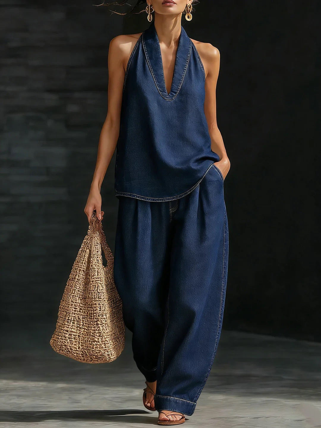 V-Neck Sleeveless Top & Straight-Leg Pants Set