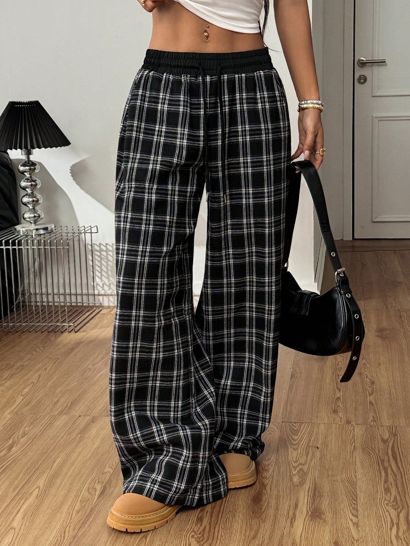 High-Waist Plaid Patchwork Sweatpants