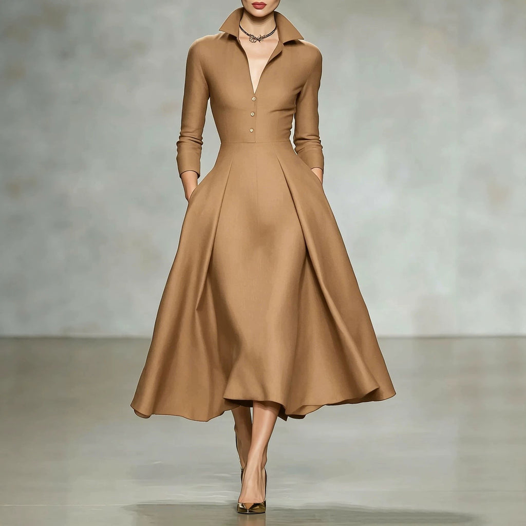 V-Neck Cinched-Waist Long Sleeve Dress