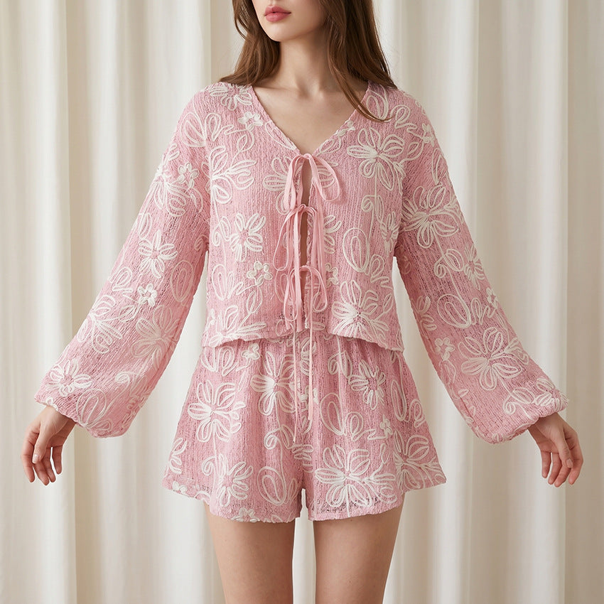 Lace-Up V-Neck Top & Shorts Set