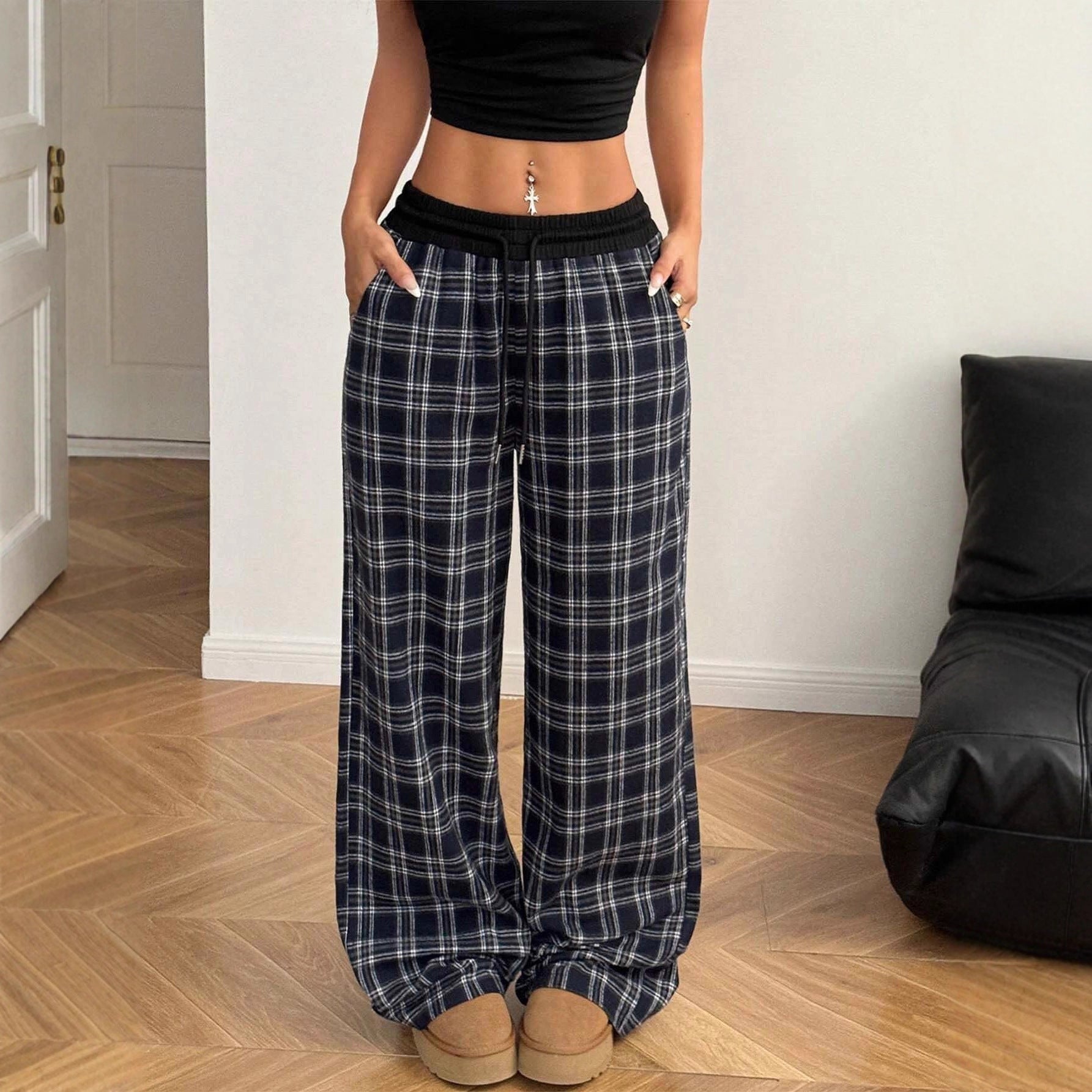 High-Waist Plaid Patchwork Sweatpants