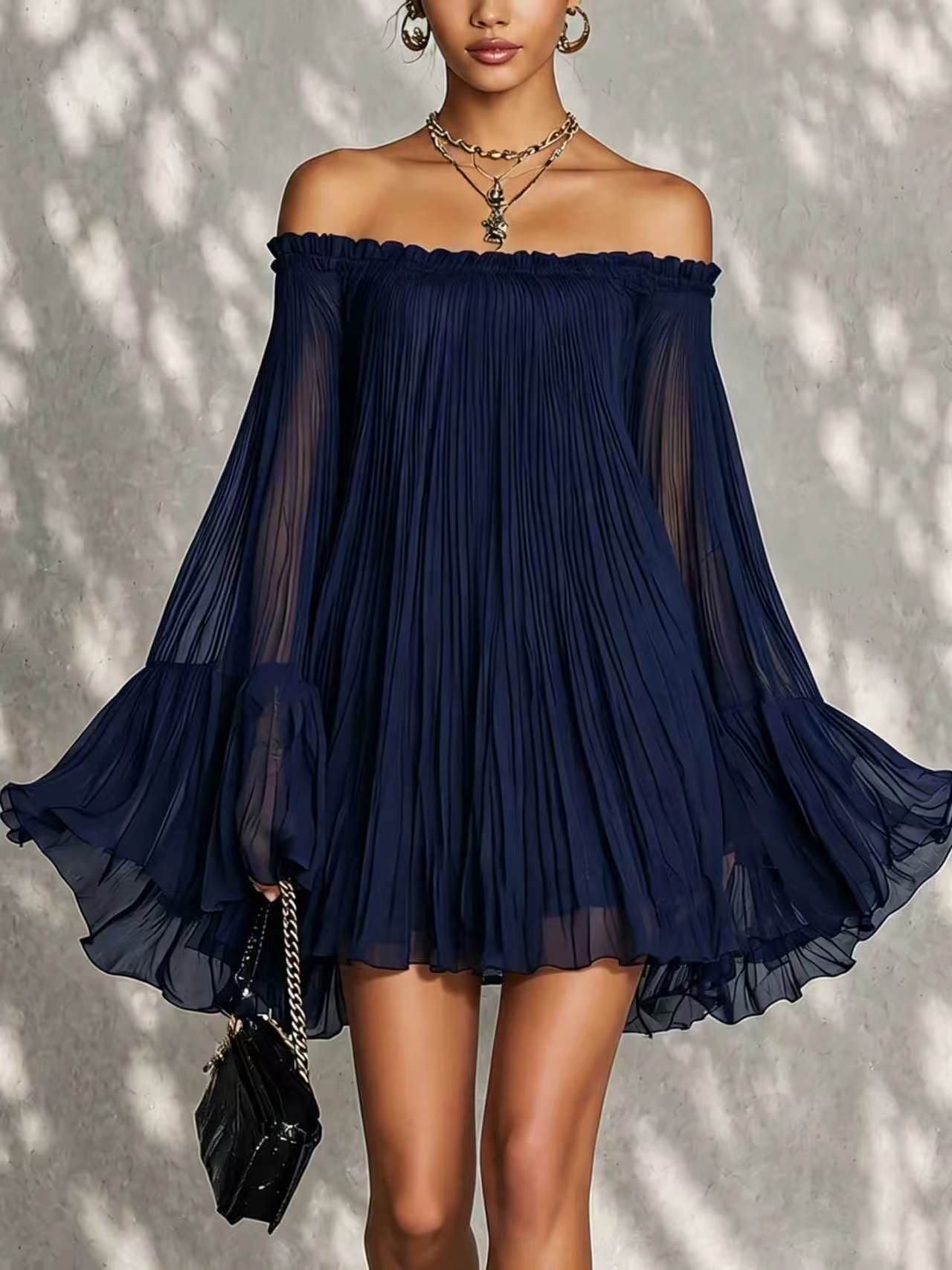 Off-Shoulder Backless Pleated Mini Dress
