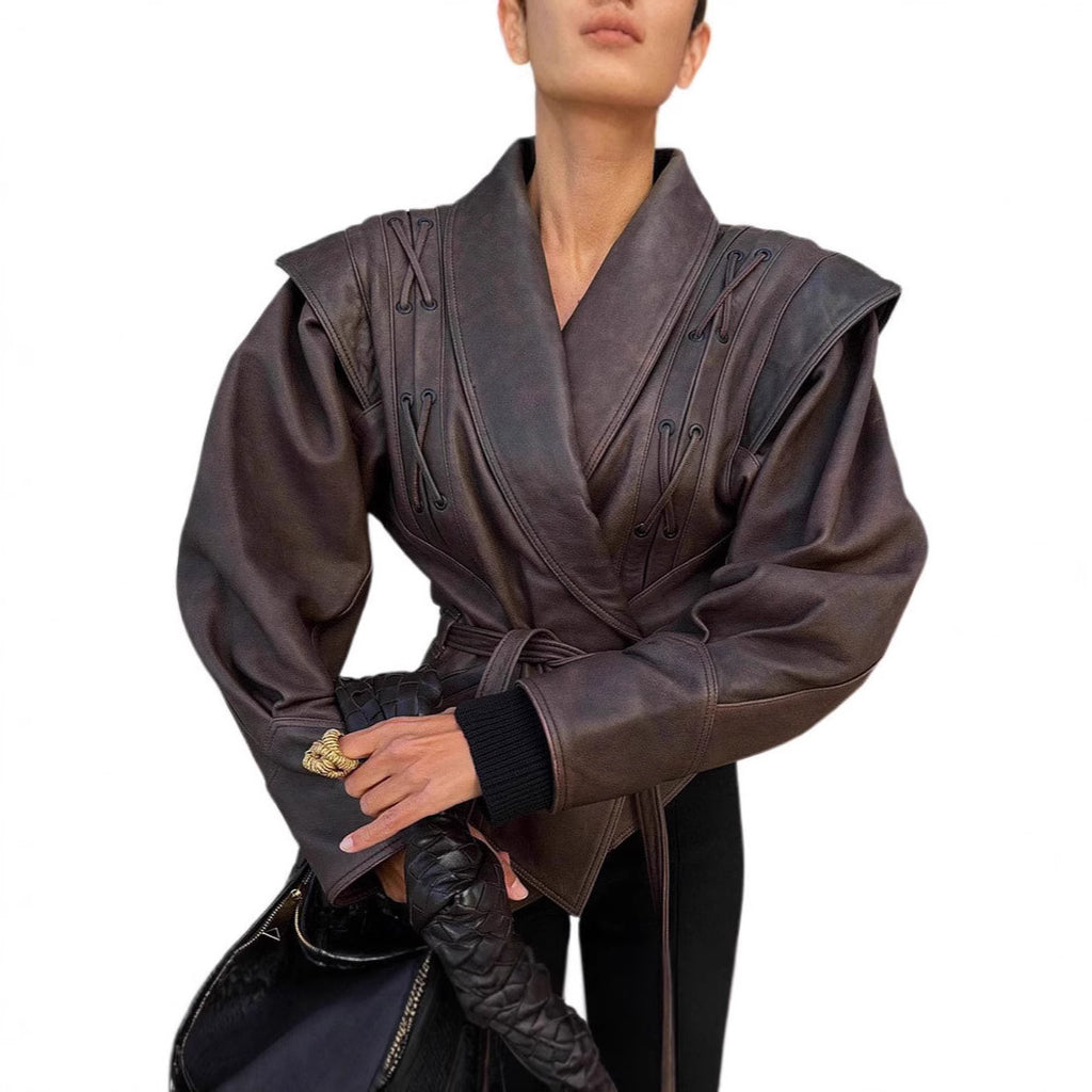 Lace-Up Cropped Faux Leather Jacket