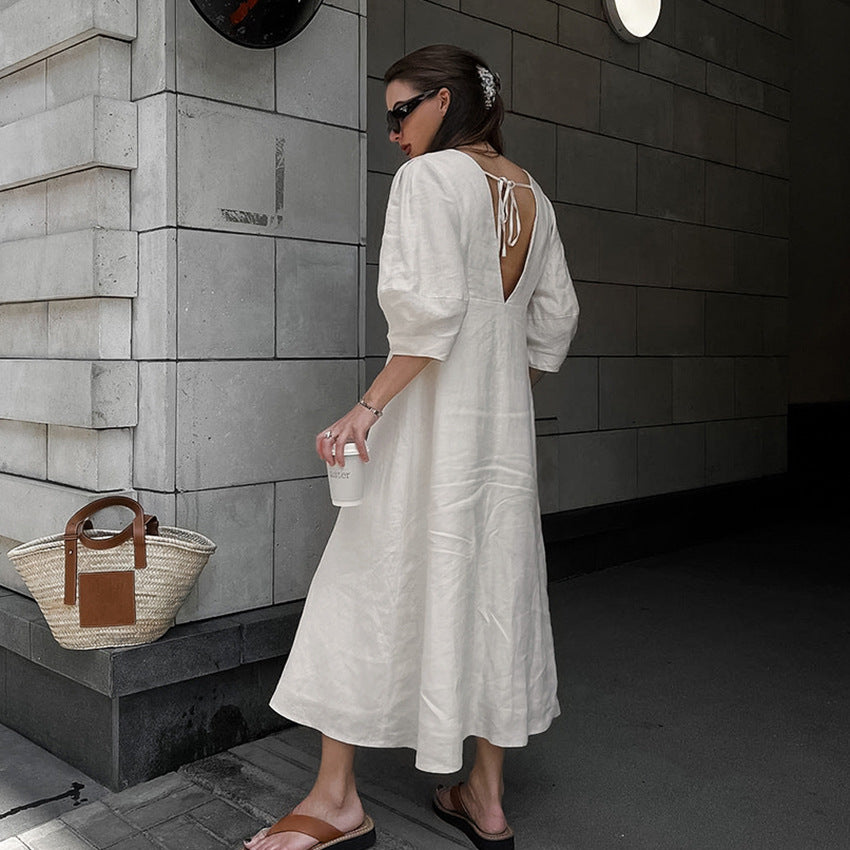 Bubble-Sleeve V-Neck Midi Dress