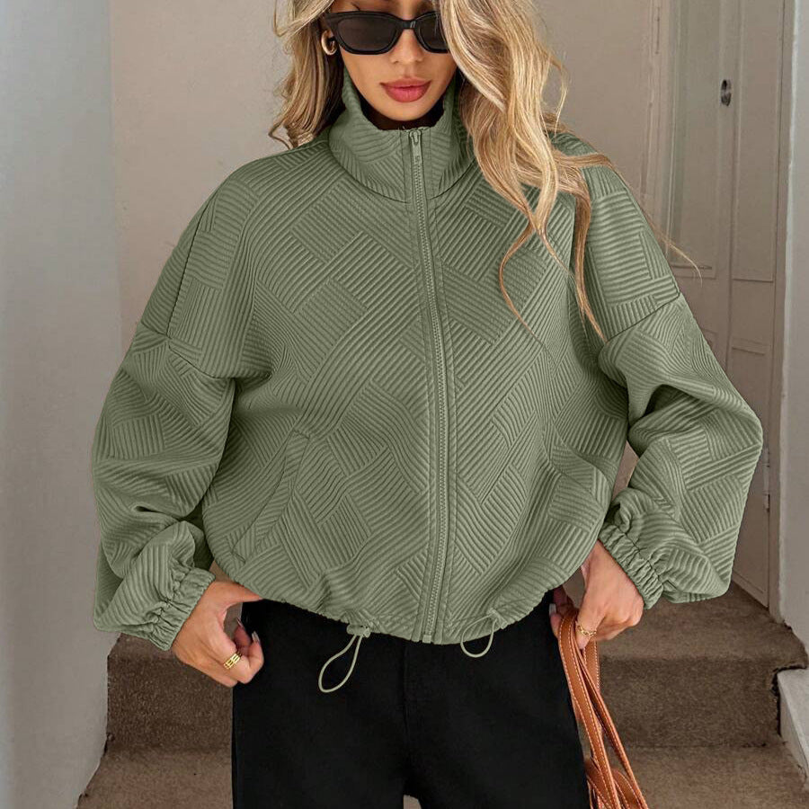 Stand Collar Zip-Up Jacket with Drawstring Hem