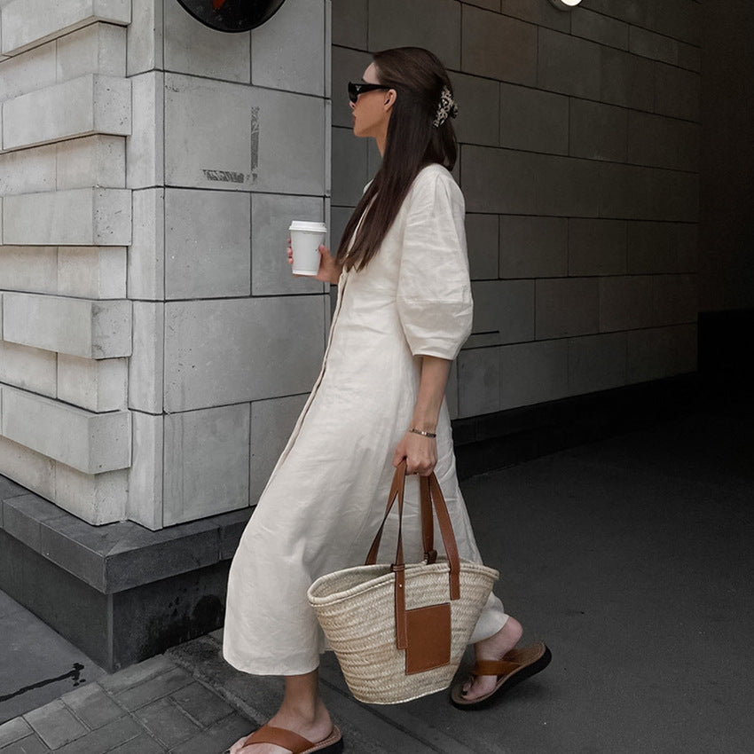 Bubble-Sleeve V-Neck Midi Dress