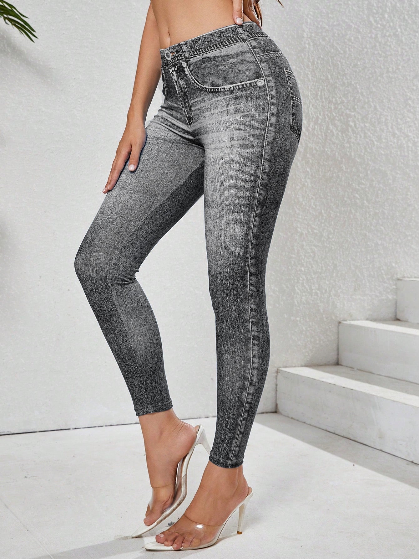 Denim-Print Butt-Lifting Yoga Leggings