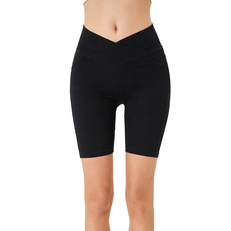High-Waisted Stretch Denim Cycling Shorts