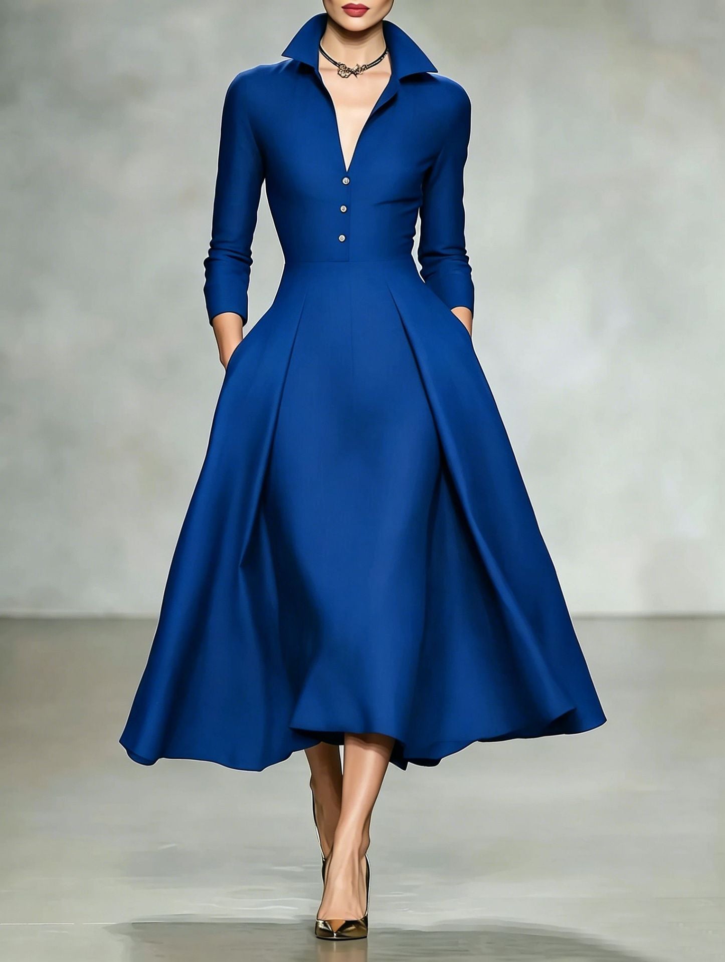 V-Neck Cinched-Waist Long Sleeve Dress