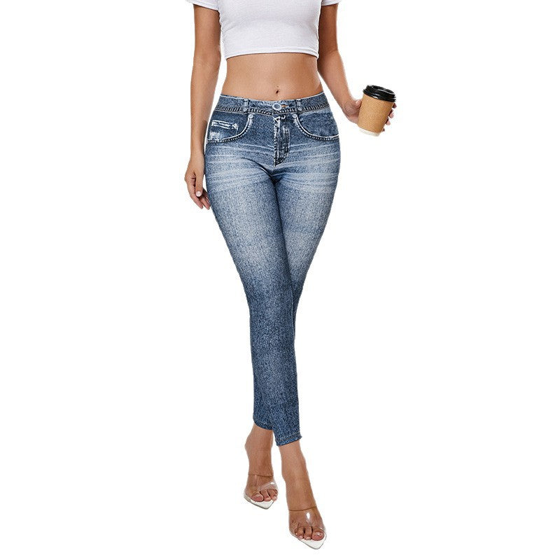 Denim-Print Butt-Lifting Yoga Leggings