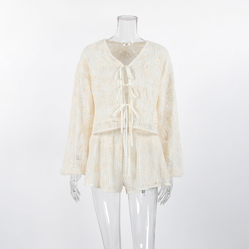 Lace-Up V-Neck Top & Shorts Set