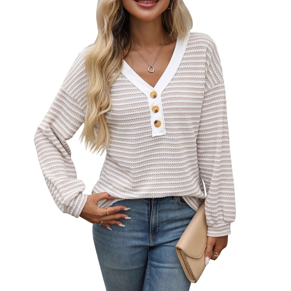V-Neck Button Color-Block Long Sleeve Top