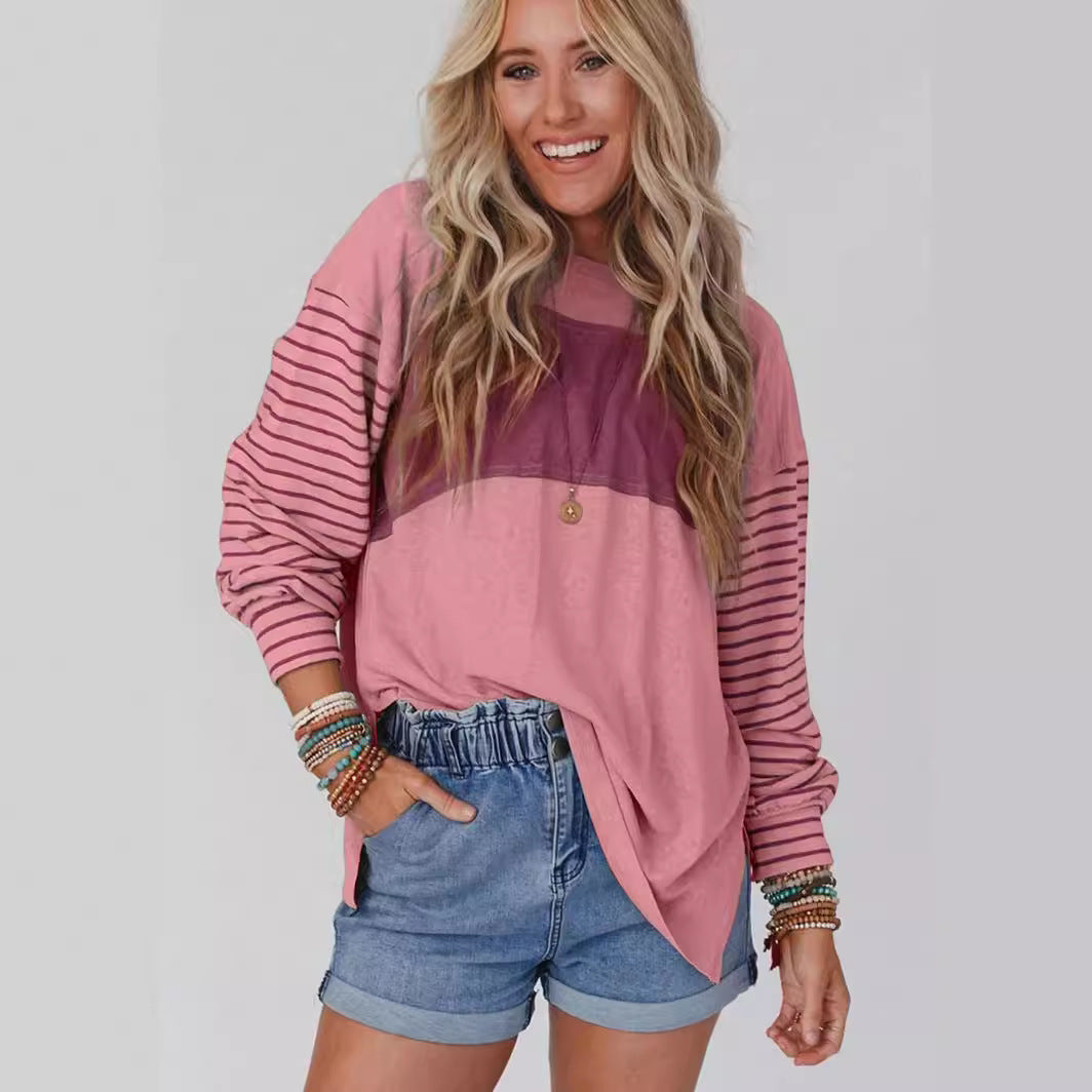 Round Neck Color-Block Striped Pullover